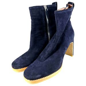 Lola Cruz Navy Blue Suede Leather Heeled Ankle Boots Booties Size EU 38 US 7.5